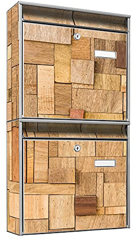 banjado Briefkastenanlage 2 Fach - 2 Briefkästen 36x64x10cm groß - Doppelbriefkasten Set - Namensschild, 2 Schlüssel, Montagematerial - Stahl verzinkt Silber - Motiv Holz Parkett