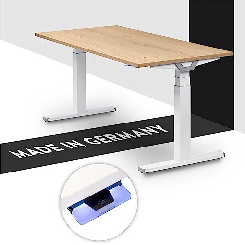 boho office® Höhenverstellbarer Schreibtisch 180 x 80 cm - Made in Germany, Elektrisch, 2 Motoren, 3-Fach Teleskop, Kollisionsschutz - Premium Line Weiß inkl. Tischplatte in Wildeiche furniert