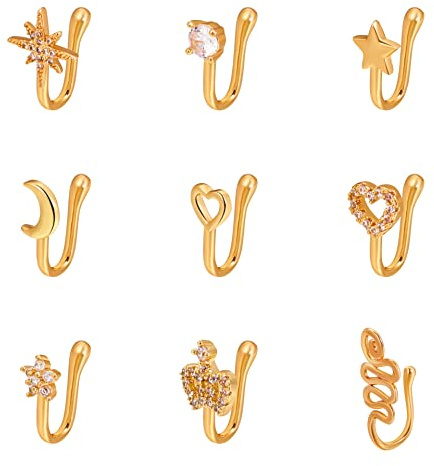Gilieyer 9Pcs Fake Nasenringe, Faux Nasenpiercing Schmuck Clip On Nasenring Septum Knorpel Tragus Ring Nicht Piercing Nasenring Gold Afrikanische Nasenmanschette für Frauen
