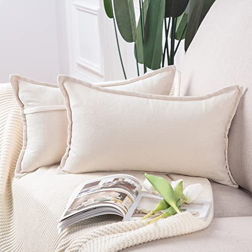 Madizz 2er Set kurzen Chenille Zierkissenbezüge weicher dekorativer Kissenbezug für Sofa, Schlafzimmer Kissenhülle Creme Weiß 40x80 cm Rechteckig