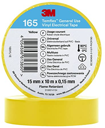 3M Temflex de ruban adhésif électrique en vinyle 165, jaune, 15 mm x 10 m, 100 rouleaux