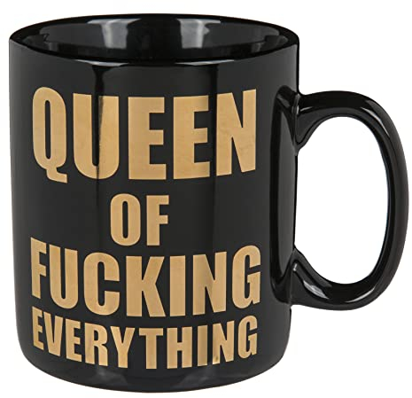 MIJOMA Taza de café Queen XL con texto en inglés Queen of F***ing Everything, taza grande de 850 ml, idea de regalo para mujeres poderosas