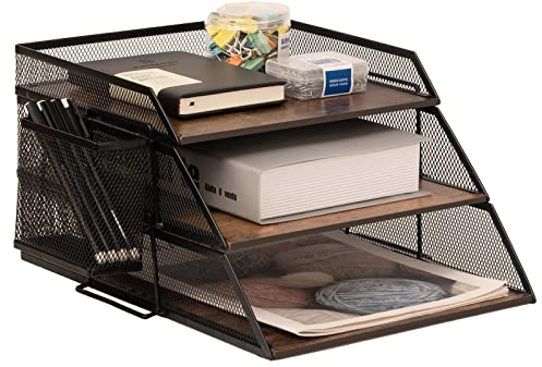 Briefablage aus Holz und Metall im Vintage-Stil, stapelbarer Schreibtisch-Organizer, Papierablage, für Akten, Zeitschriften, Post, mit Stifthalter (3 Stufen)