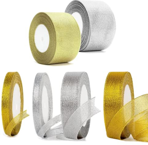 Geschenkband Gold Silber Dekorative Bänder 6 Rollen*25 Yards Satinband Seidenbänder für Weihnachten Dekorative, Hochzeit, Geschenkverpackung(1cm,2cm,4cm)