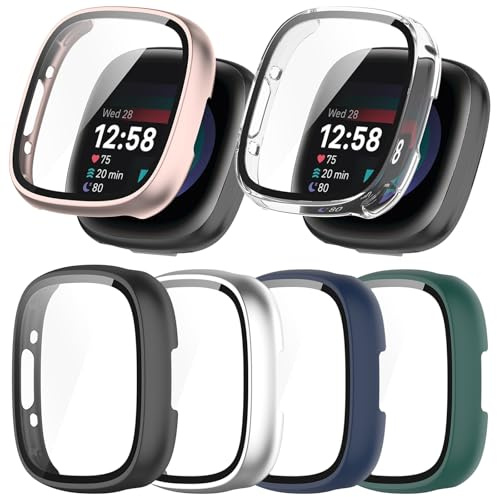RuenTech Hard PC Schutzhülle für Fitbit Versa 4, Hülle Mit Glas Displayschutz, schutzfolie Glas Abdeckung für Fitbit Sense 2 Hülle Watch-Zubehör，6 Farben