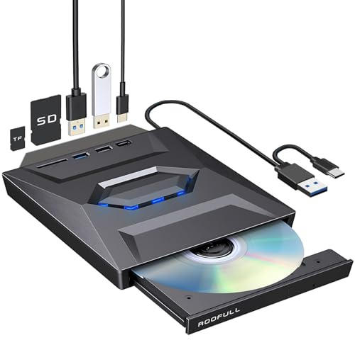 ROOFULL External CD DVD Drive Burner with USB 3.0 & USB-C Hub and SD/TF Card Slot, Portable CD-ROM DVD Player Optical Disk Drive Reader Writer for Laptop PC Windows 11/10, Mac MacBook, Linux