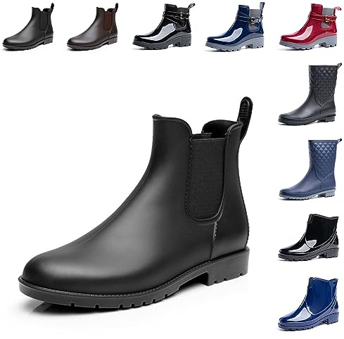 Hitmars Stivali Pioggia Donna Stivaletti Gomma Giardini Chelsea Bassi Lavoro Antiscivolo Ankle Boots Nero 40 EU