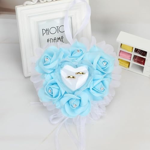 SYSUII Hochzeit Ringkissen, romantische herzförmig Ringhalter Rosen Eheringkissen Ringbox Schmuck Hochzeit Geschenk Ringbox Ringträger Paar Ring Halter für Brautjungfer, Hochzeitsring Verlobung -Blau