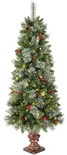 Pre-lit Artificial Christmas Tree 150cm/5ft,Potted Decorated Pine Xmas Tree with 150 Warm White LED Lights & 18 Red Berry & 14 Pinecone for Indoor Outdoor