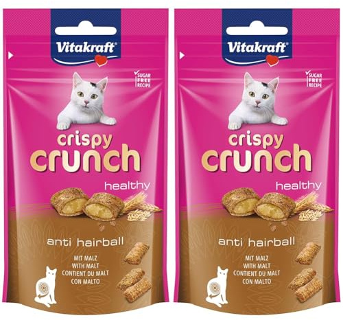 Vitakraft Crispy Crunch, knusprige Snackkissen gefüllt mit Malz, Katzensnack, zur Vorbeugung von Haarballen, zuckerfrei (1x 60g) (Packung mit 2)