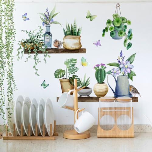 Runtoo Wandtattoo Topfpflanze Wandsticker Blumen Grüne Blätter Tropische Pflanzen Wandaufkleber Schlafzimmer Wohnzimmer Babyzimmer Küche Flur Wanddeko