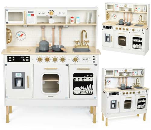 Mamabrum Holz-Kinderküche mit LED-Beleuchtung - Höhenverstellbare Spielküche Set mit Eiswürfelbereiter, Mikrowelle, Kochfeld und Spülmaschine - Spielzeug ab 3 Jahren