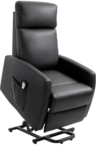 HOMCOM Elektrischer Sessel mit Aufstehhilfe, Relaxsessel, neigbar mit verstellbarer Fußstütze, Fernbedienung und Tasche, Kunststoffbezug, schwarz