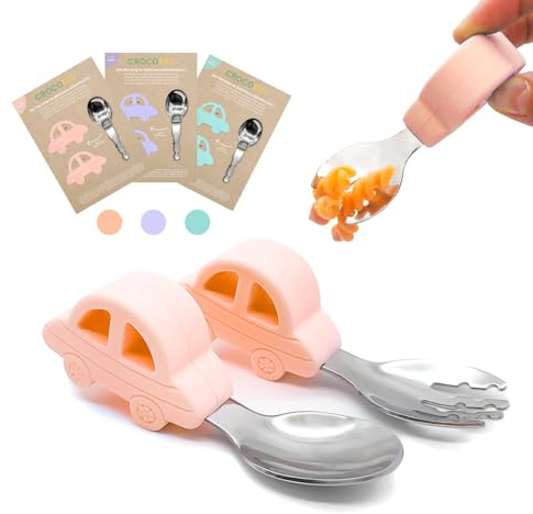 CROCOKID® Lot de couvert bebe 18 mois/Couvert dme/Cuillere apprentissage + fourchette pour bebe en forme de voiture, ergonomiques & ludiques/Repas de bébé, couverts Inox et silicone – PÊCHE