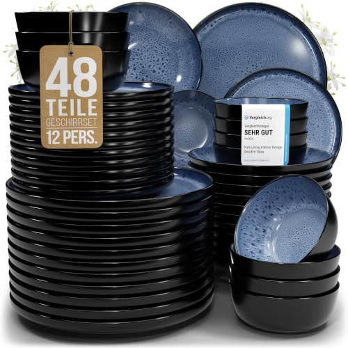 Steingut Geschirrset 12 Personen Ibiza 48 tlg., Traumhaftes Mediterranes Steingut Geschirr Set, Schüssel- und Teller Set, Tafelservice 12 Personen, Geschirrsets Pure Living in Tiefblau