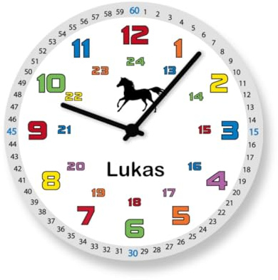 Faramosa Schulanfang Lernuhr Geschenk Kinder Wanduhr Pferd große Bunte Zahlen Uhr personalisiert