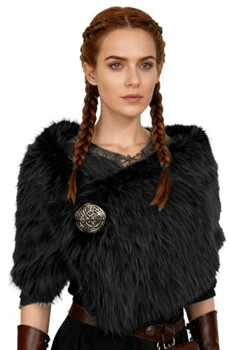 keland Wikinger Fell Schulter Stola Fellumhang Mittelalter Kostüm | Kunstpelz Umhang Damen, Halloween, Barbaren Krieger Pirat Cosplay, LARP, Mittelalterfest, Karneval, Fasching