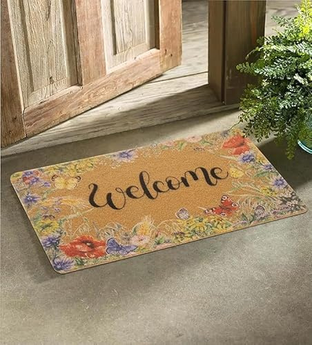 CaySep Fußmatte mit Blumenmotiv, Kokosfaser, bunt, Frühlings-Fußmatte, Inneneingang, niedlich, dekorative Outdoor-Fußmatten, rutschfeste Außentürmatte für Haustür, 43 x 74 cm