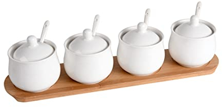 Tarro de especias de porcelana, azucarero, azucarero de cerámica con tapa, azucarero de porcelana con cuchara, salero pequeño, tarro de almacenamiento, for cafetería, restaurante-blanco-3 juegos ( Col