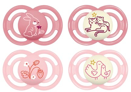 MAM Perfect Day & Night Schnuller im 4er-Set, leuchtend im Dunkeln, zahnfreundlicher Baby Schnuller aus nachhaltigen & bio-erneuerbaren Materialien, mit Schnullerbox, 6-16 Mon, Hase/Blume/Tiger/Vogel