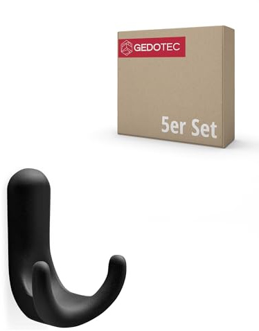Gedotec Garderobenhaken Kunststoff | GA94 | Doppelhaken 5 Stück inkl. Befestigungsmaterial | Schwarz Matt | Haken unsichtbare Montage | für Garderobe und Wand-Montage | Kleiderhaken Wand modern