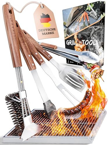 LIKAYA® Premium Grillbesteck-Set [5-TLG.] aus Edelstahl mit Akazienholz-Griff (Grillzange, Grillwender, Grillbürste, Grillgabel & Grillpinsel) – Perfektes Grillwerkzeug für Gasgrill & BBQ!