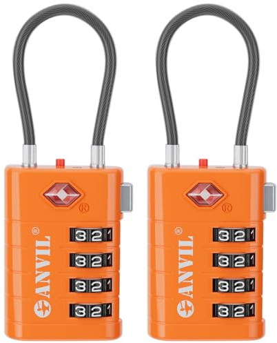 ANVIL TSA Approved Luggage Locks with Search Alert Indicator, 4-Digit Combination Suitcase Lock, Advanced TSA008 Core Heavy Duty Anti-Theft Travel Lock for Double Zippers, Backpacks (2, Orange)