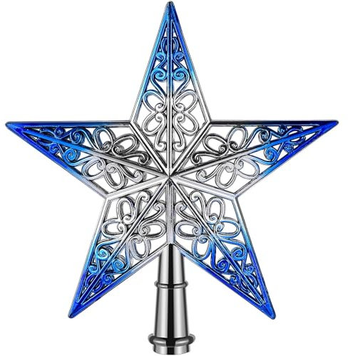 Punta per albero di Natale a forma di stella, stella per albero di Natale, decorazione per albero di Natale, decorazione vintage tradizionale per albero di Natale in plastica (blu argentato)