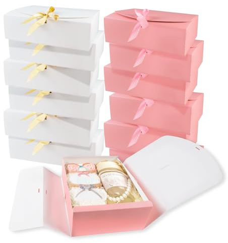 LIUCONGBD 12 Piezas Cajas de Regalo Grandes con Tapa, 27 x 20 x 8cm Caja de Regalo con Lazo, Caja de Embalaje de Regalo para Bodas, Cumpleaños, Navidad y Fiestas, Día de San Valentín (Rosa y Blanco)