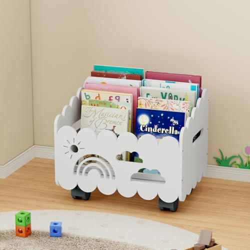 DUHARS Kinder Bücherregal Holz mit Rollen, Montessori Bücherregal Kinder, Bücherkiste für Leseecke, Babyzimmer, Bücherbank, Spielzeug Organizer Regal Kinderzimmer Aufbewahrung, Weiß