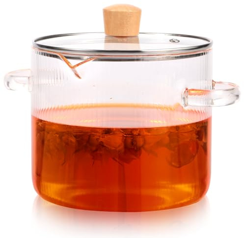 Glass Cooking Pot Transparent Borosilicate Glass Simmer Pot with Lid and Spout Heat Resistant Stovetop Pot Nonstick Soup Pot Cookware 2.3 L/1.6 L for Soup Noodles Sauce Salad