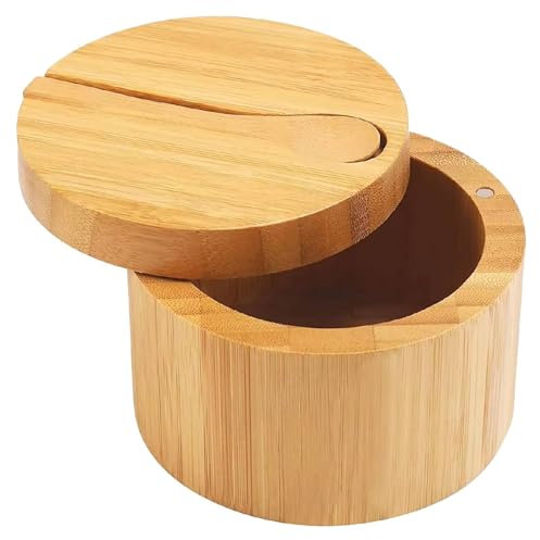 GkgWuxf salero con tapa, recipientes de sal para encimera - Tarro de condimentos para el hogar con cuchara | Caja de sal para encimera, salero de madera para sal de mesa, sal Gourmet, especias,