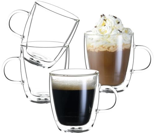 Wlasss Double Wall Insulated Glass Coffee Mugs set of 4-13 oz Clear Hand Blown Glass Coffee Cups with Handle for Cappuccino, Latte,Espresso,Tea Bags,Americano,Beverages, Gifts for Christmas