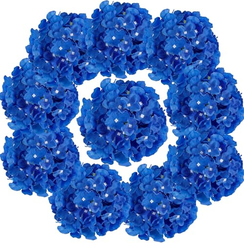 Auihiay 10 hortensias artificiales para centros de mesa de boda, ramos de bricolaje, despedidas de soltera, decoración floral del hogar con tallos (jarrón no incluido), color azul oscuro