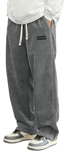 Hidkat Mens Corduroy Casual Pants Fashion Loose Fit Wide Leg Pants Straight Sweatpants Elastic Waist Drawstring Grey