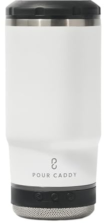 Pour Caddy Vibe 4 In 1 Bluetooth Speaker Cup, Insulated Can and Bottle Holder for Hot or Cold Drinks, Double Wall Stainless Steel Drinkware, Fits 12 oz Cans or 14 oz Liquid, White