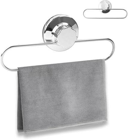 Hand Towel Holder Suction Ring No-Drilling Wall Mounted Stainless Steel Round Rack Rail Heavy Duty Sucker Cup Dish Cloths Towel Hanger Damage Free for Bathroom Kitchen RV Bar, 23CM Silver