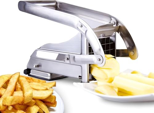 Cortador de Patatas Profesional en Acero Inoxidable – 2 Cuchillas Intercambiables (12 mm y 9 mm) – Máquina Manual para Papas Fritas, Verduras y Bastones – Diseño Antideslizante y Compacto