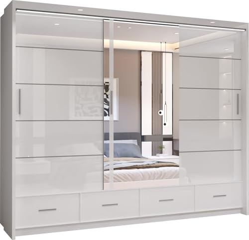 MN Furniture Hackney High Gloss & Mirror Sliding Door Wardrobe with Integrated LED Light, Drawers & Shelves, Modern Bedroom Storage Cabinet 150/203/255cm (White, 255cm)