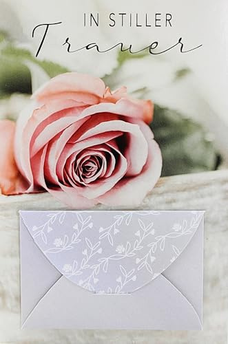 Trauerkarte mit Geldfach – In stiller Trauer – Klappkarte mit Rose – Kondolenzkarte zum Abschied – Beileidskarte zum Todesfall – inkl. Briefumschlag mit schwarzem Rand – Format 11,5 x 17 cm