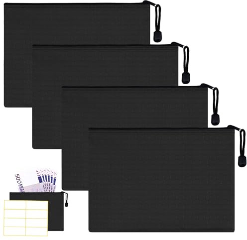 Deposit Pouches A5, Pochette Document 24x18 cm, Pochette de Rangement Étanche avec Zip, pour Billets, Passeports, Cartes, Étiquettes, Utilisation pour École, Bureau, Voyage (Lot de 4 noirs)