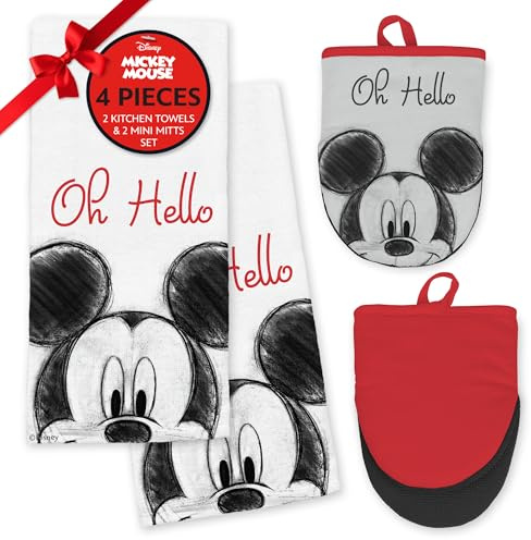 Disney Mickey Cotton Kitchen Towels & Mini Oven Mitts, 4-Piece Set