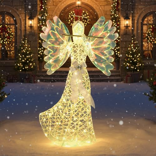 COSTWAY Weihnachtsengel beleuchtet groß, 158cm Engel irisierend mit 250 warmweißen LED-Lichtern, Weihnachtsdeko mit Heiligenschein & Flöte, Weihnachtsfigur Weihnachtsdekoration für Außen, Innen