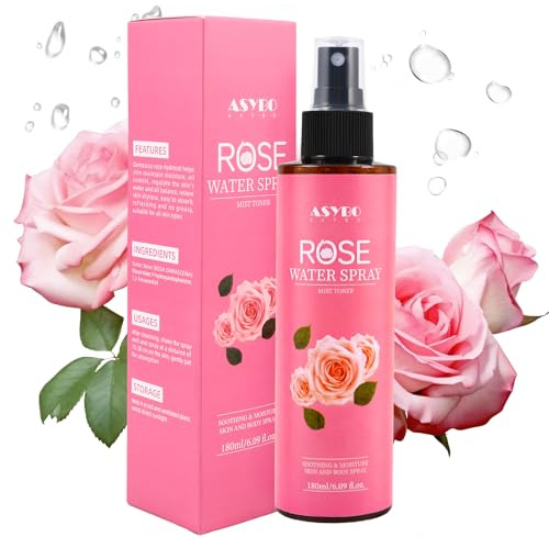 ASYBO Spray per acqua di rose 180 ml – 100% puro spray rosa naturale damasco per viso, corpo e capelli, detergente per il viso, acqua di rosa, lenitivo, idratante, ad assorbimento rapido