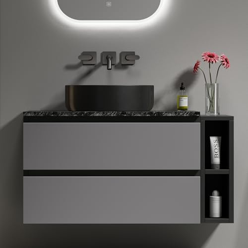 Terahanda Mobile lavabo sospeso largo 80 cm, con lavabo in ceramica, con cassetti, design moderno, nero-grigio