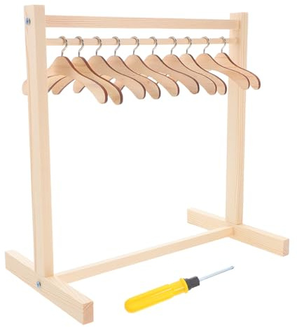 SHINEOFI Doll Garment Rack with 10pcs Wooden Clothes Hanger, 11. 8inch Miniature Doll Clothes Hangers Wardrobe Furniture Accessories for Dollhouse Baby Shower Supplies