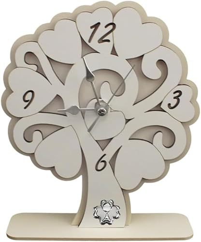 DLM-A1454 Bomboniera Orologio in legno GRANDE Albero della Vita cm 18x16x4 Linea Cuore Cuoricini con piastra quadrifoglio col Calice utile per la Prima Comunione di un Bambino o Bambina