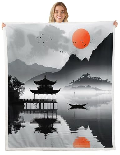 60×50 in Japan Themed Sunset Pavilion Sherpa Blanket - Ultra Soft Flannel Throw for Kids Women Men, Bed Sofa Couch Use