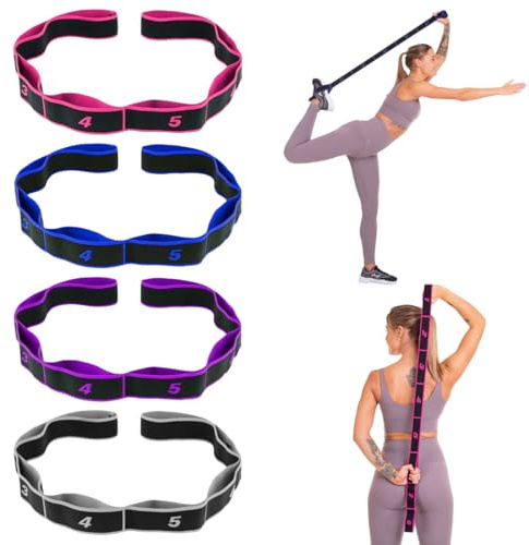 4 Pcs Elastici Fitness, Fascia Elastica Fitness, Elastico Pilates con 8 Fisso Loop, Cinghie Elastiche, Yoga Stretching Band, Elastico Fasce di Resistenza per Yoga, Pilates, Fitness, Stretching, Danza