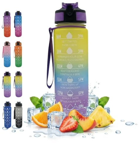 NelQuieOra Borraccia Motivazionale 1L, Bottiglia Acqua con Indicatore del Tempo, Beccuccio a Ribalta, A Prova di Perdite, Laccetto in Tessuto, Palestra Sport Viaggio Scuola (Verde Azzurro Viola)